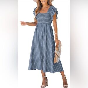 CUPSHE Women's Square Neck Striped Smocked Ruffle Sleeve Sleeve Maxi Dress Small